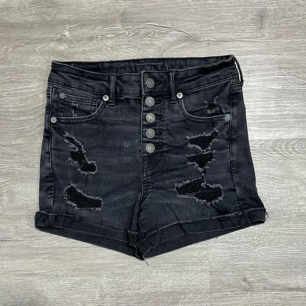 America Eagle Super Hi-Rise Distressed Shortie Size 2 Women’s Faded Black - Picture 13 of 13